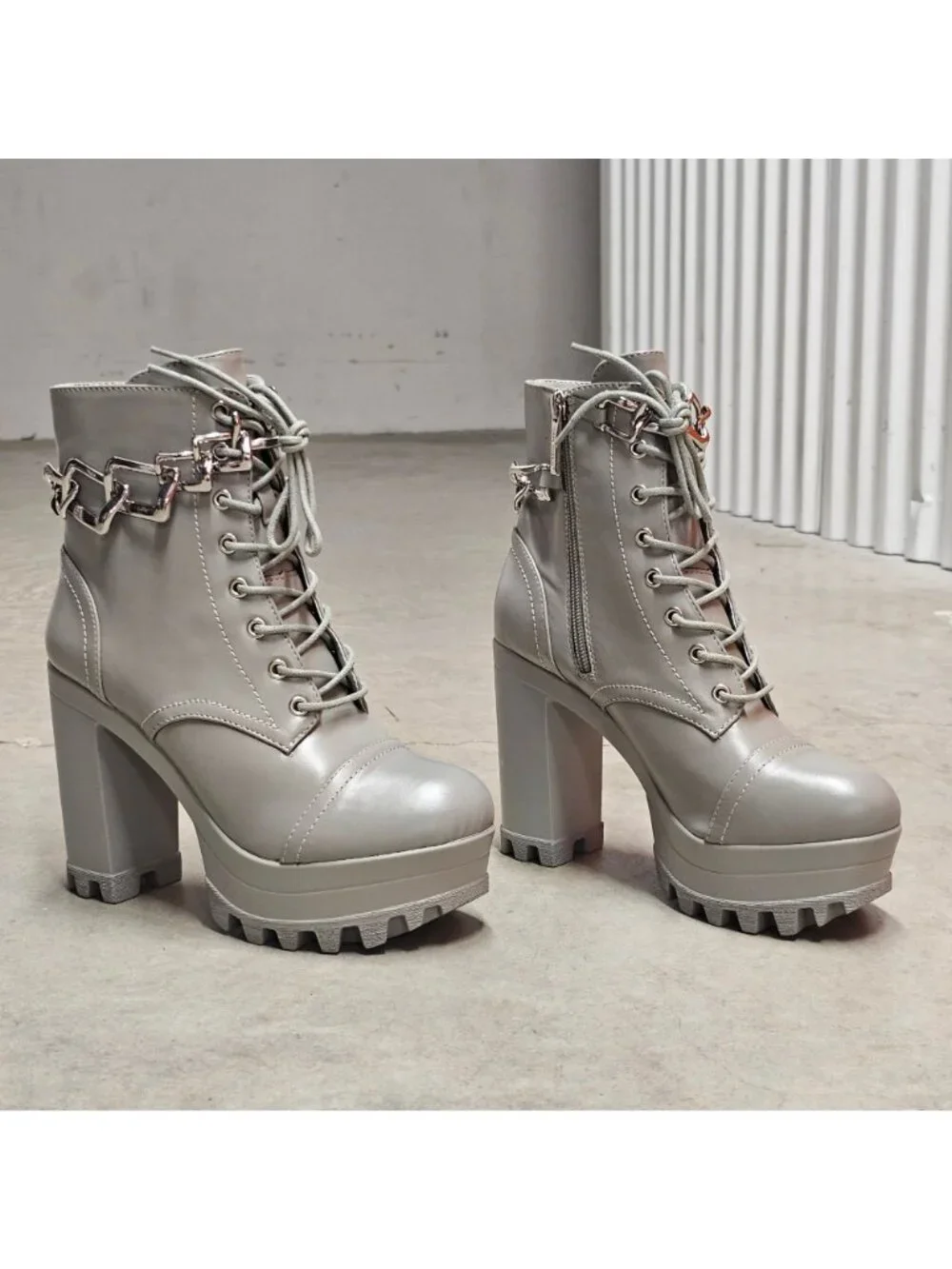 Chunky Platform Lace-Up Ankle Boots With Chain Detail In Light Olive Faux Leathe